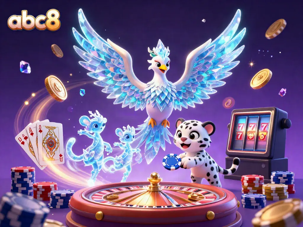 Win big at abc8 with colorful casino elements, featuring an ice phoenix and snow leopard cub.