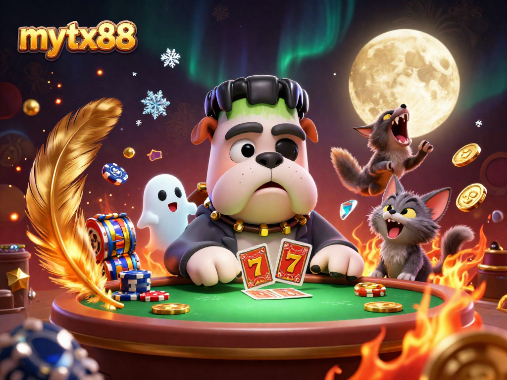 Play cards at mytx88 with the unique Frankenstein bulldog dealer in a vibrant casino scene.