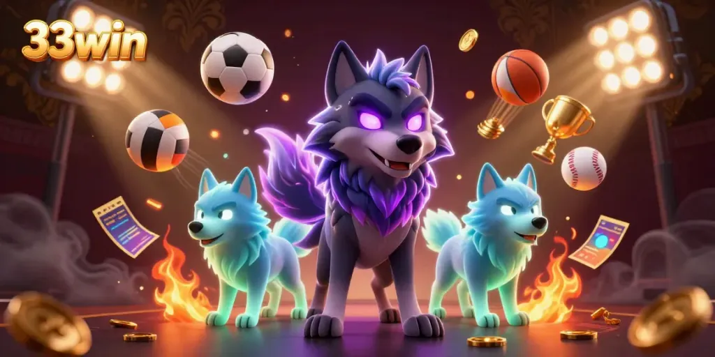 Engage with exhilarating wins at 33win with a dynamic illustration of ghostly wolves and sports elements.
