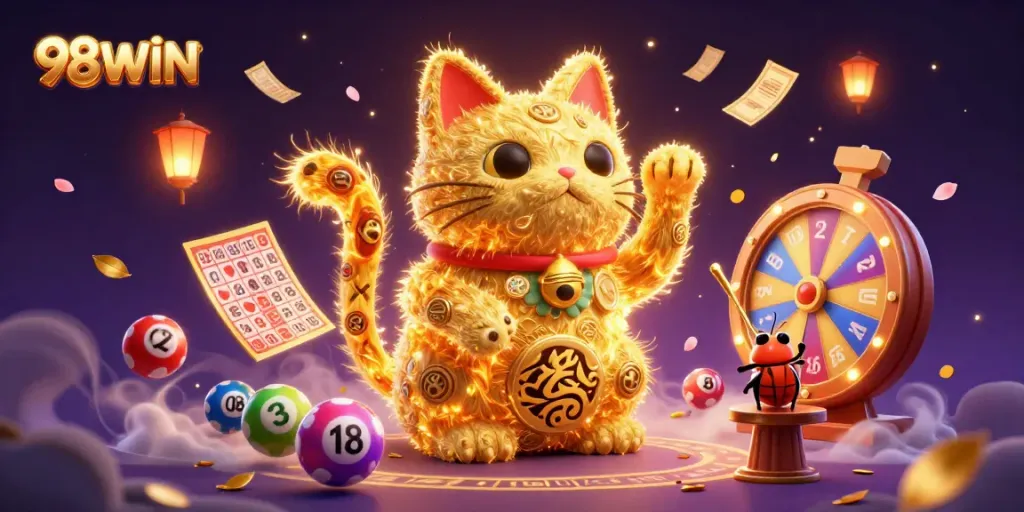 98WIN showcases a vibrant casino scene with a golden lucky cat and dynamic lottery elements, celebrating gaming excitement.