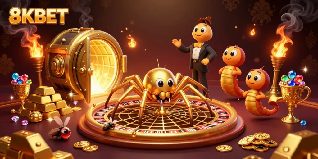 Experience thrilling bets at 8KBET with a golden spider and centipede in a dynamic casino scene.