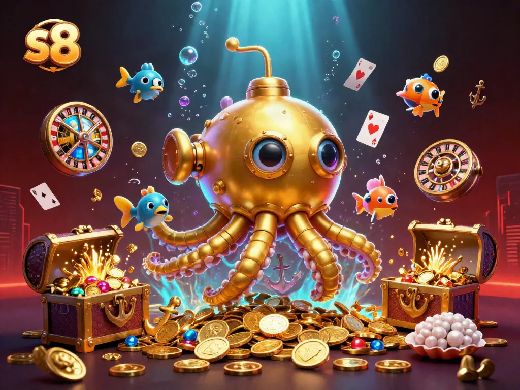 Engage in thrilling gameplay at s8 featuring a golden kraken submarine amidst floating slot elements and sparkling treasures.