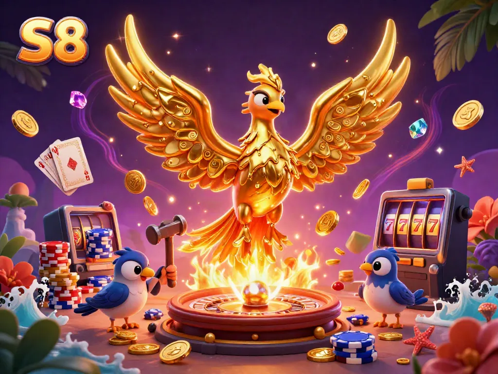 Experience thrilling gameplay with S8 featuring a molten golden phoenix and vibrant casino elements.