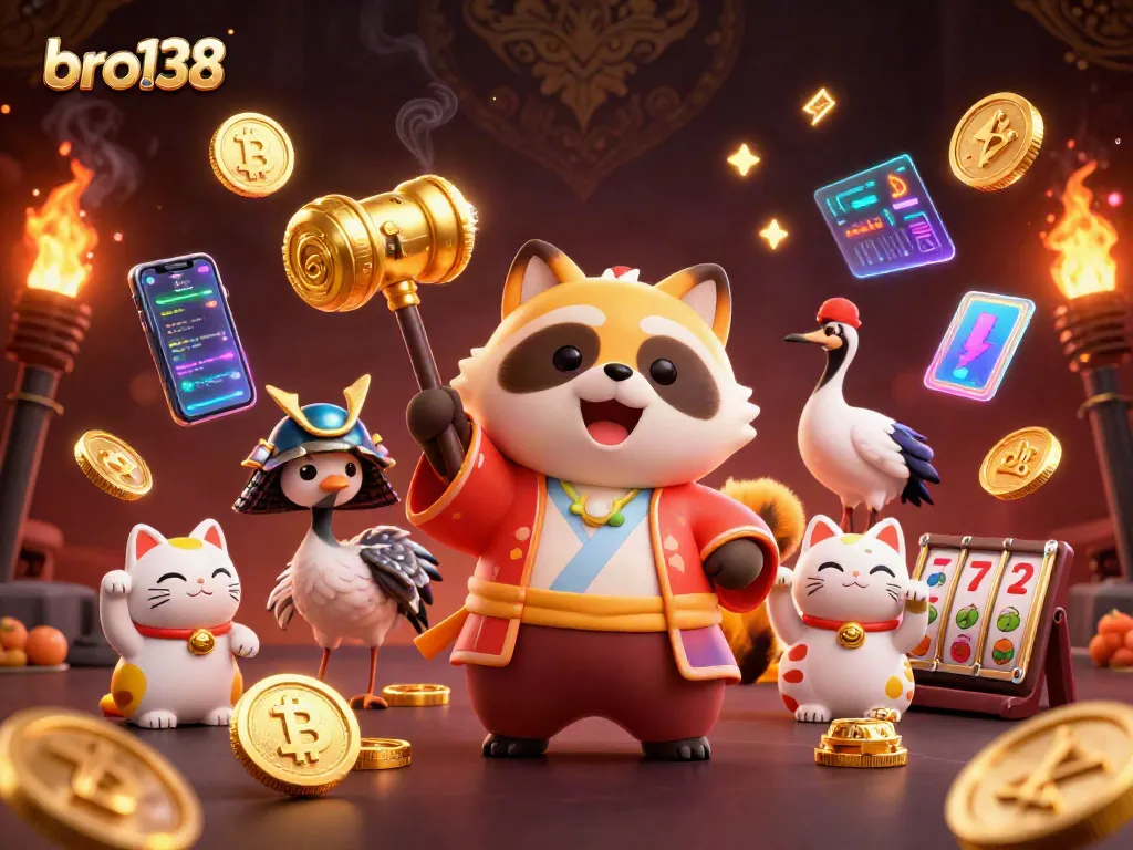 Engage with bro138's thrilling slot games alongside cheerful mascots and vibrant crypto elements.