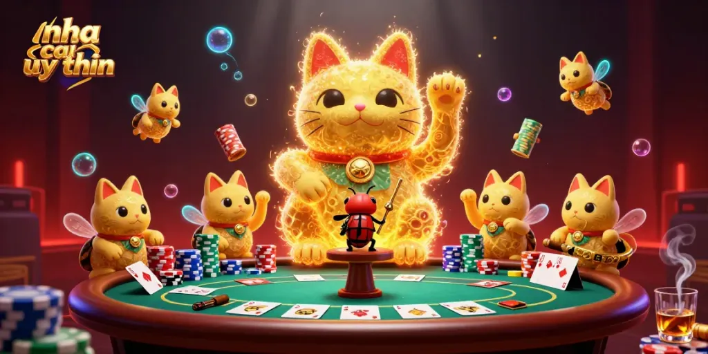 Experience the vibrant world of nha cai uy tin with a giant lucky cat made of fireflies illuminating a lively casino scene.
