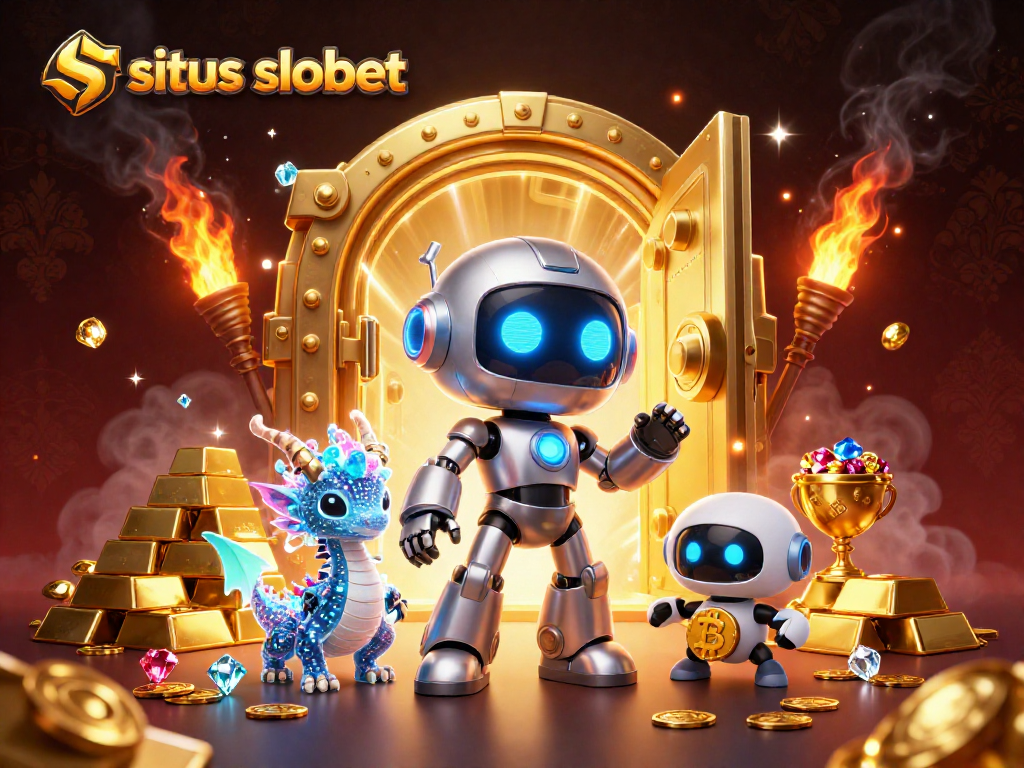 Win big at situs sbobet with vibrant gaming action featuring neon robots, treasures, and a bitcoin companion!
