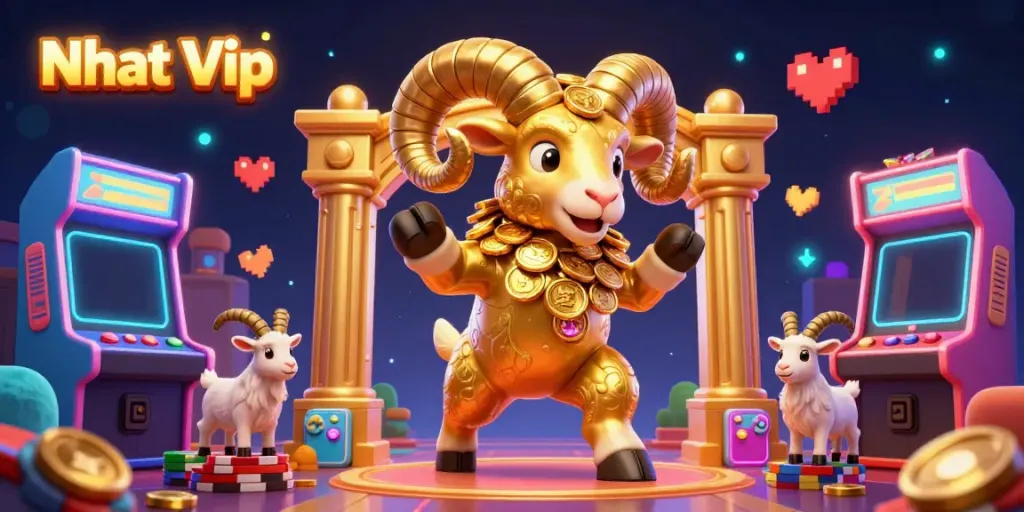 Nhat Vip showcases an exhilarating casino scene with a golden ram and vibrant arcade games.