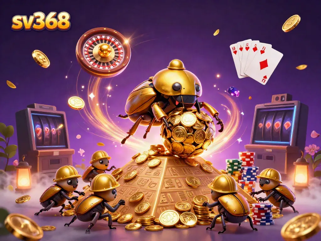 Experience thrilling gameplay with sv368 in a vibrant casino scene featuring golden beetles and sparkling gems.