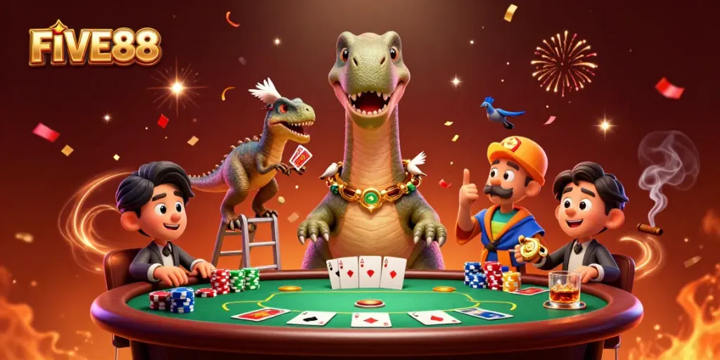 Engage in thrilling poker action with FIVE88, where dinosaurs and cards collide in a lively casino scene.
