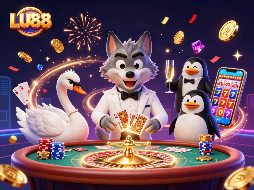 Win exciting rewards at LU88 with a 3D illustration showing a sophisticated casino atmosphere, featuring iconic game elements.