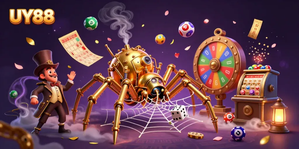 Play exciting games at UY88 with a whimsical steampunk scene featuring a golden spider and colorful lottery elements.
