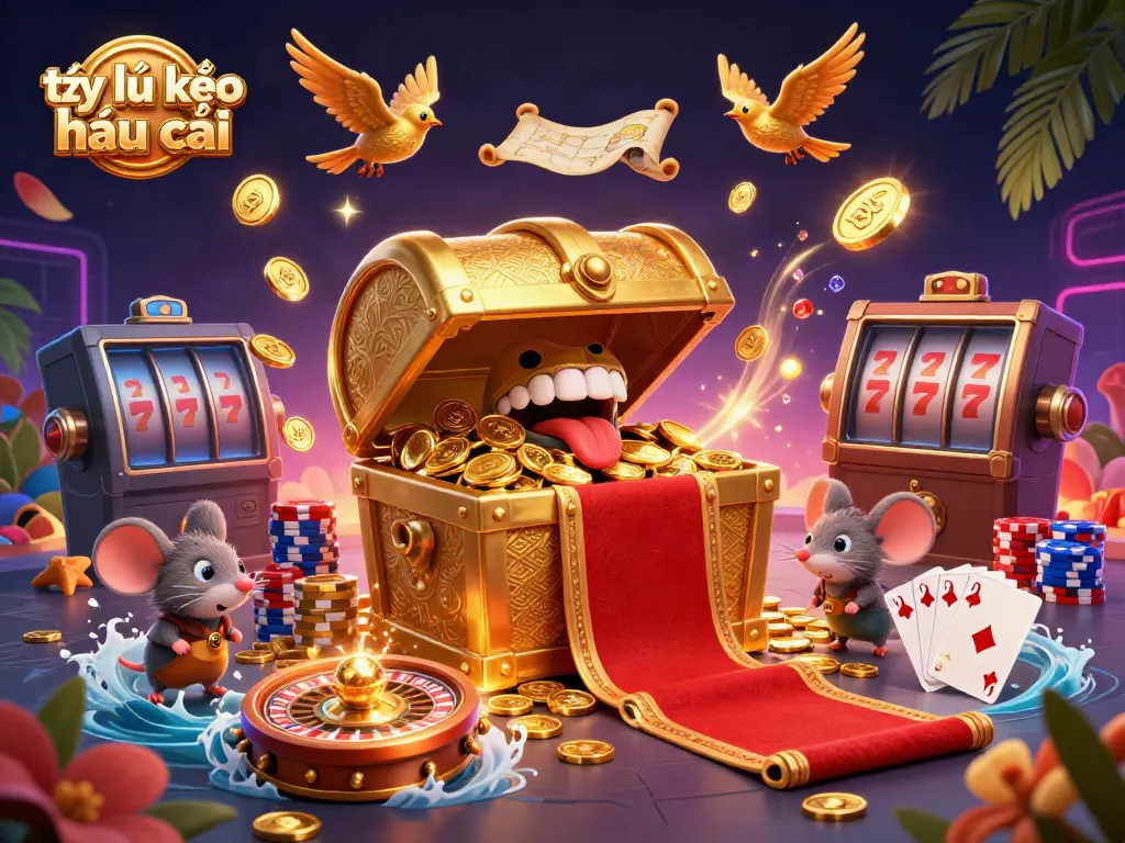 Engaging illustration showcasing tỷ lệ kèo nhà cái with vibrant casino elements and golden treasures.
