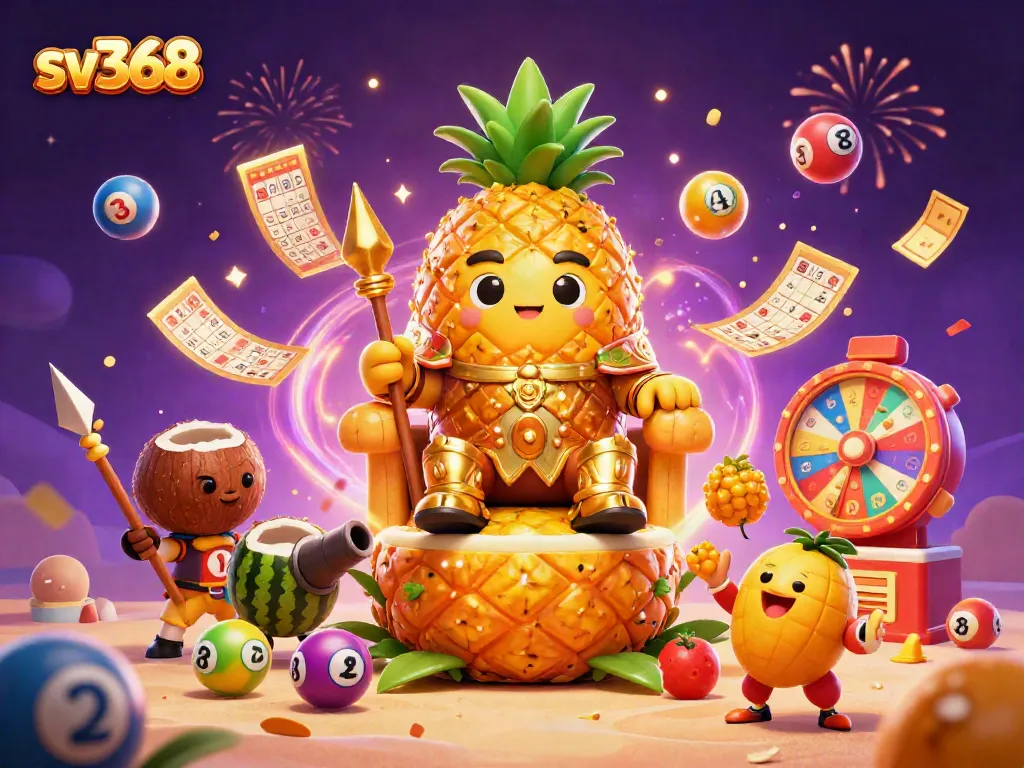 Experience the vibrant world of sv368, featuring a golden pineapple king and lively animations in a casino-themed illustration.