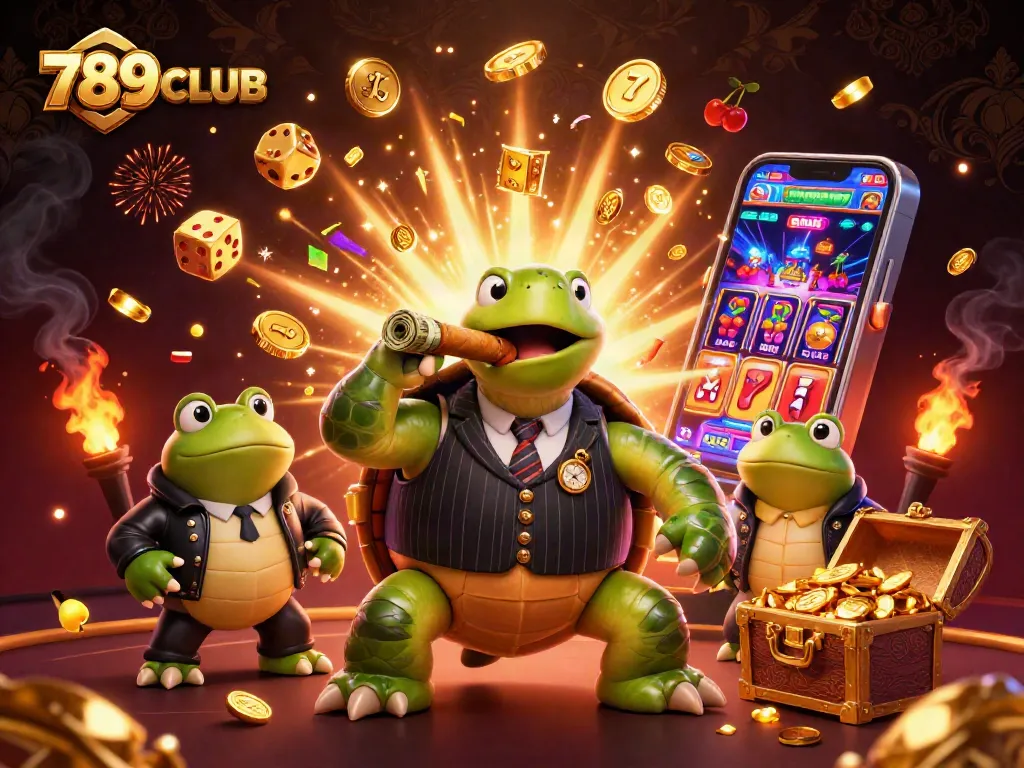 Engage with 789CLUB's intense casino atmosphere featuring a mobster turtle and bullfrog enforcers.