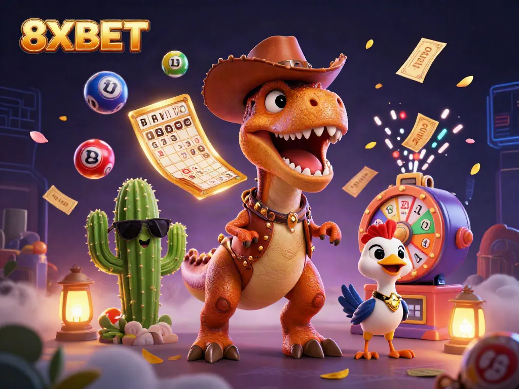 Experience the vibrant world of 8XBET with characters and exciting game elements capturing the thrill of online gambling.