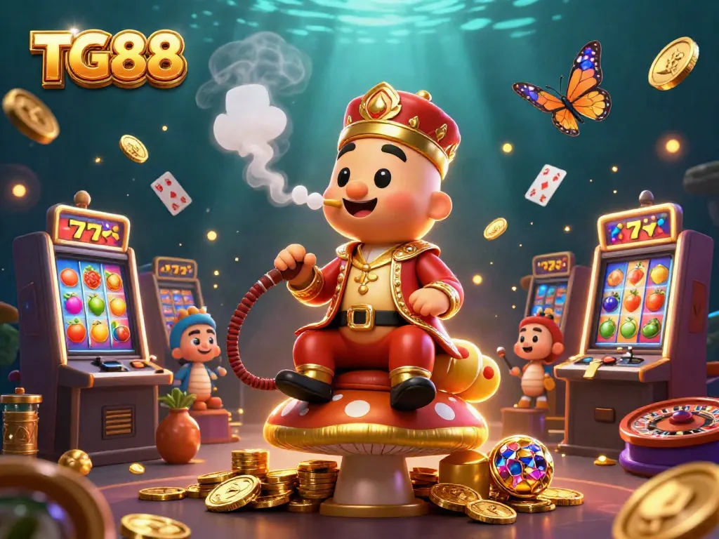 Engage in thrilling casino fun with TG88, showcasing vibrant slot machines and a dynamic caterpillar character.
