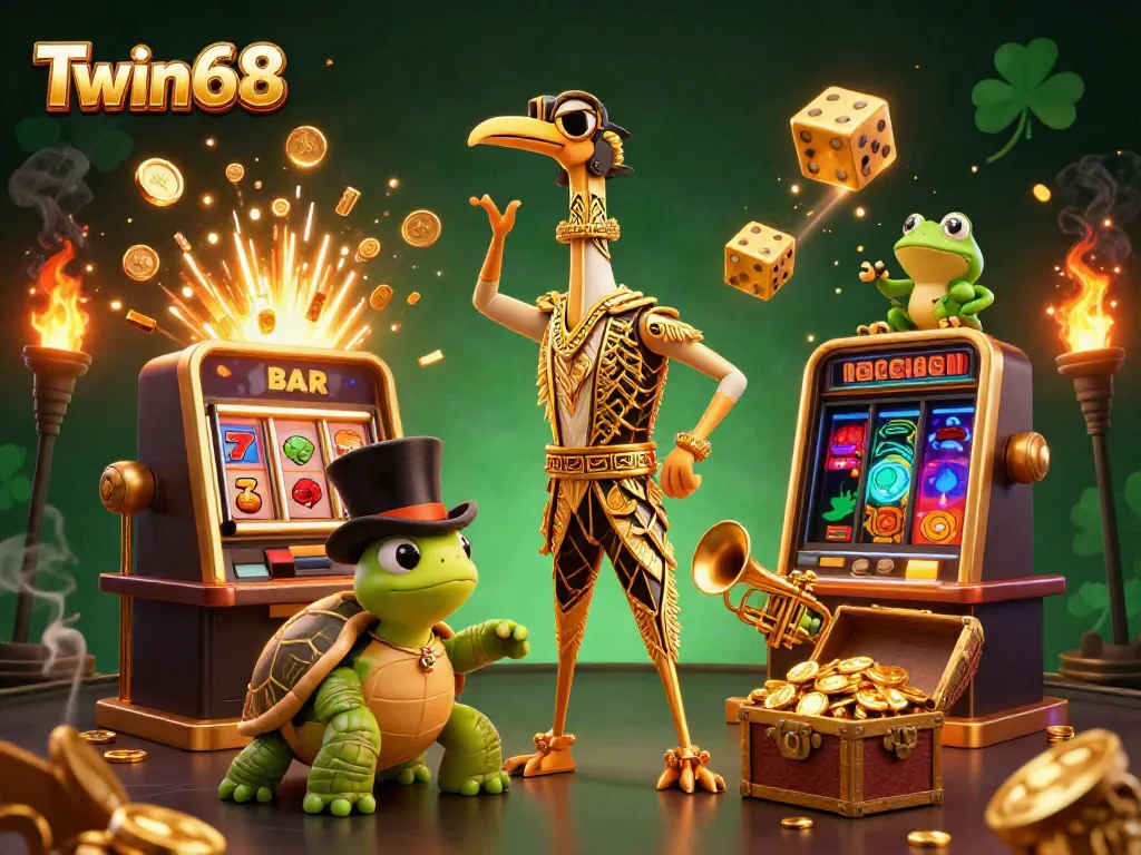 Experience the vibrant world of Twin68, featuring thrilling casino characters amidst a jackpot explosion.