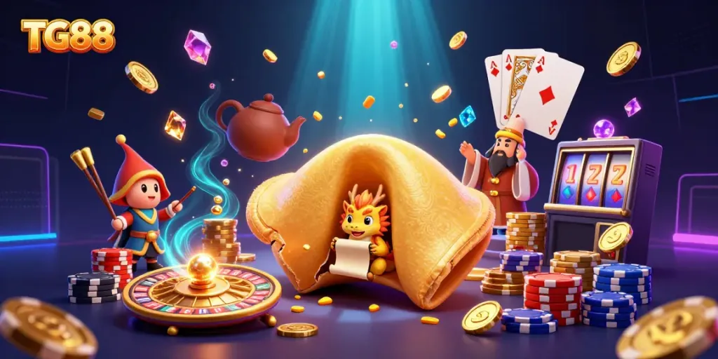 Experience the delights of TG88 with a 3D illustration of golden fortune, casino games, and treasure amidst a magical backdrop.