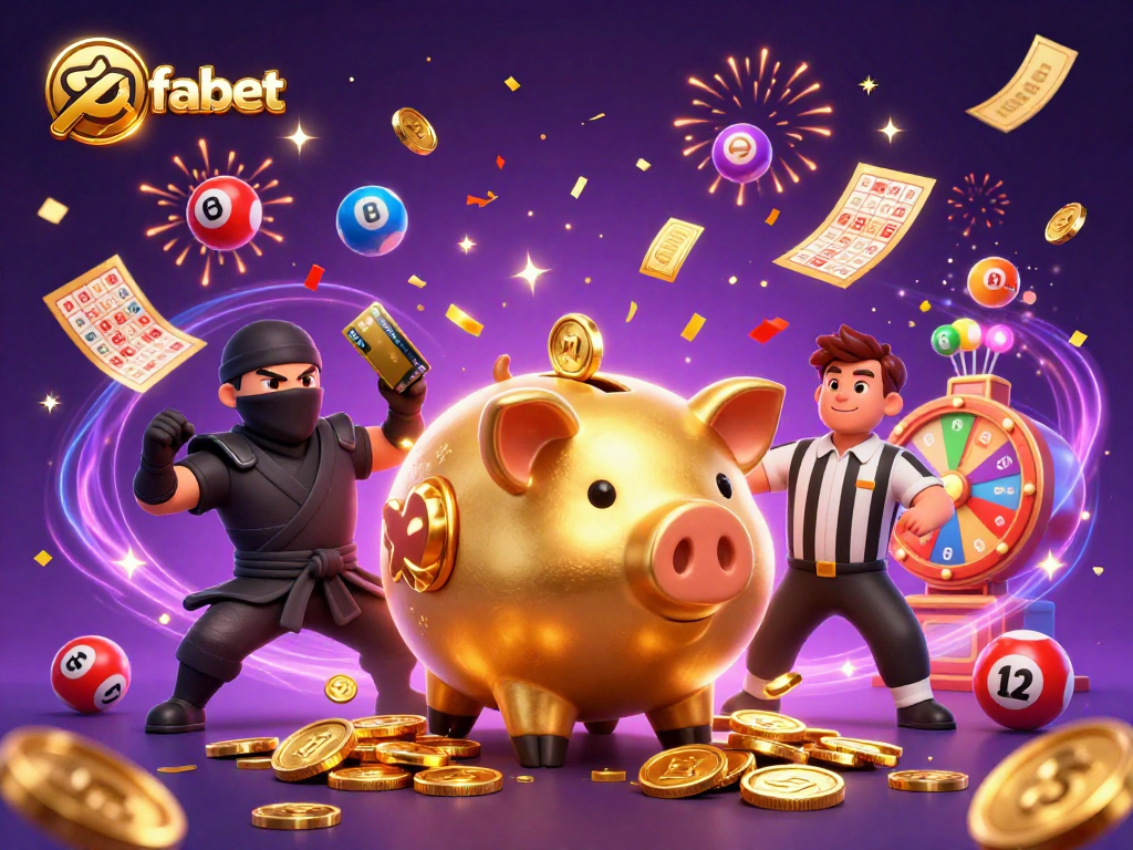 Feel the excitement of fabet with a gold piggy bank sumo wrestler and a dynamic casino scene.