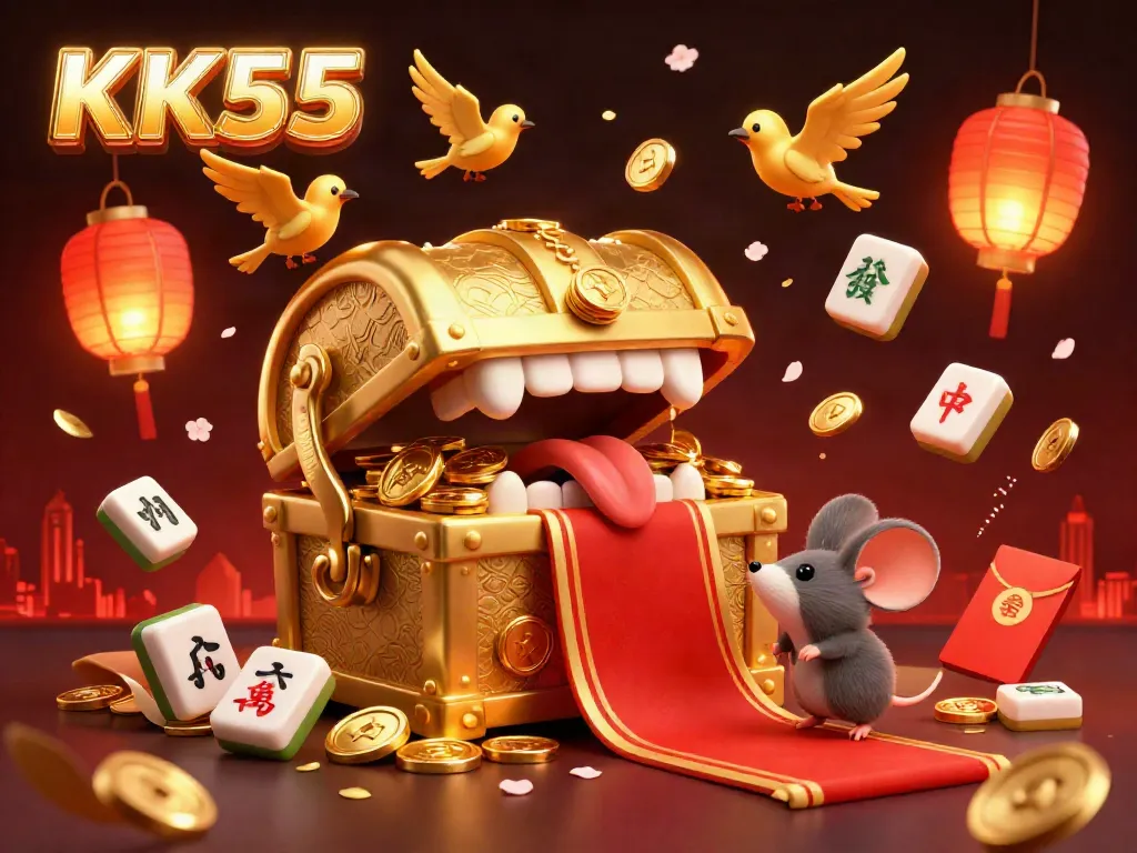 Engage with KK55's thrilling entertainment as the golden treasure chest lures adventurer mice amidst an animated casino scene.
