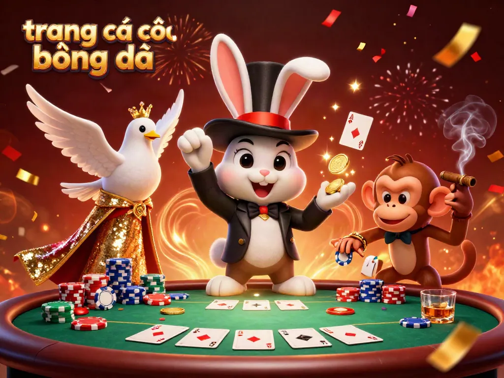 Engage with the dynamic scene of trang cá cược bóng đá featuring a magician, dove, and monkey amidst poker elements.