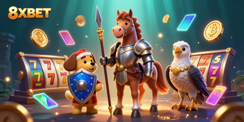 Experience thrilling gaming with 8XBET's vibrant medieval scene featuring knights and crypto elements.