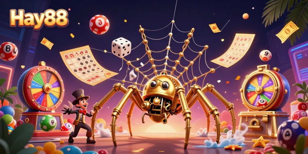 Engage in thrilling gaming with Hay88, featuring a steampunk spider creating a web of chance.