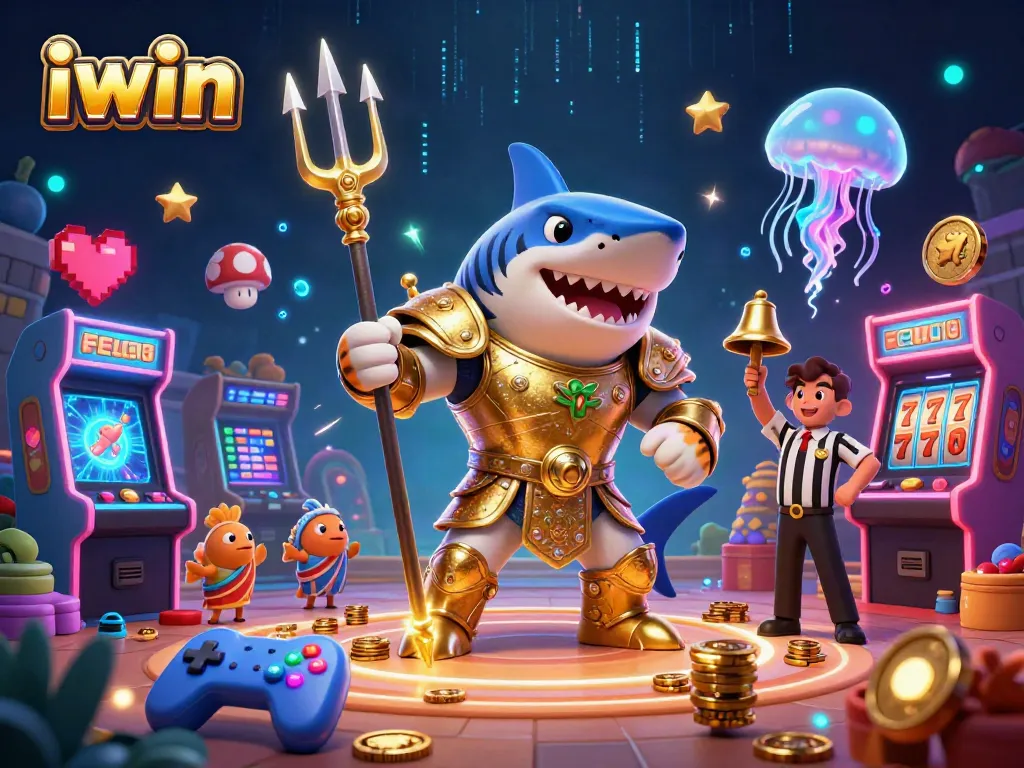 iwin showcases vibrant casino excitement with a 3D tiger shark in gladiator armor in an underwater colosseum.