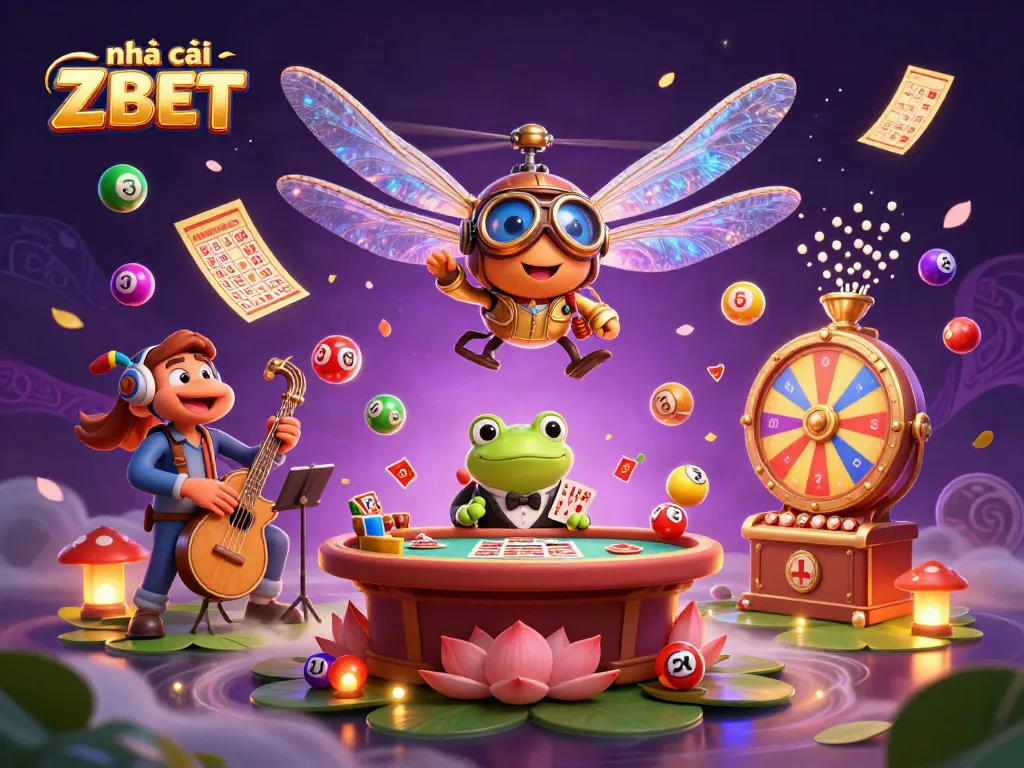 nhà cái ZBET showcases a vibrant 3D casino scene with dynamic game elements and characters.