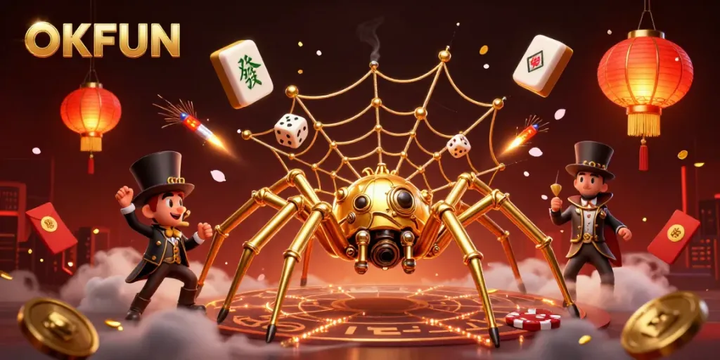 Engage in thrilling gaming with OKFUN at a vibrant steampunk casino illustrated scene.