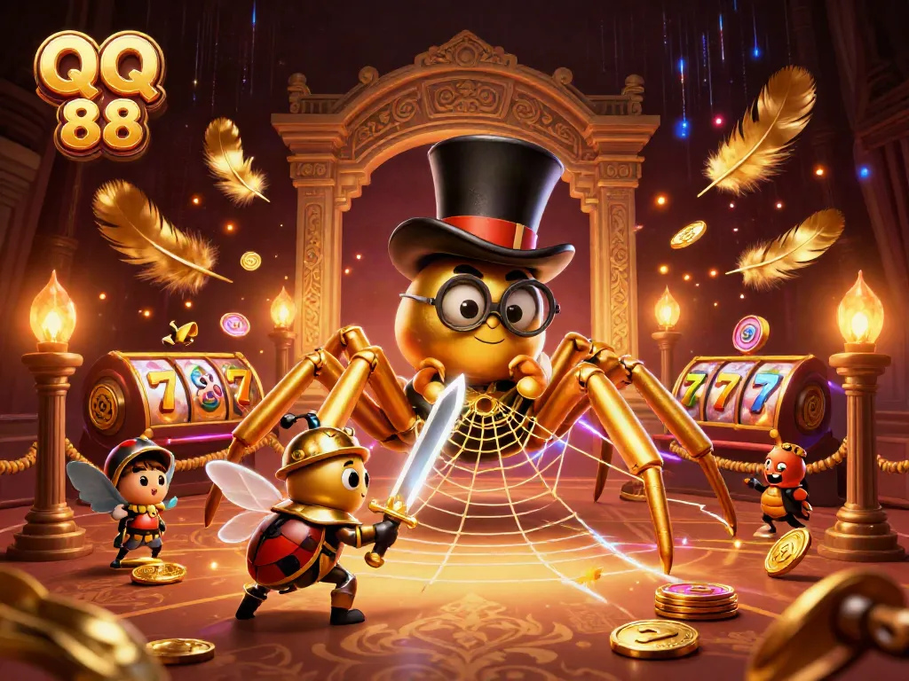 Experience exciting gameplay with QQ 88 as golden tarantulas and beetle knights come alive in a vibrant casino scene.