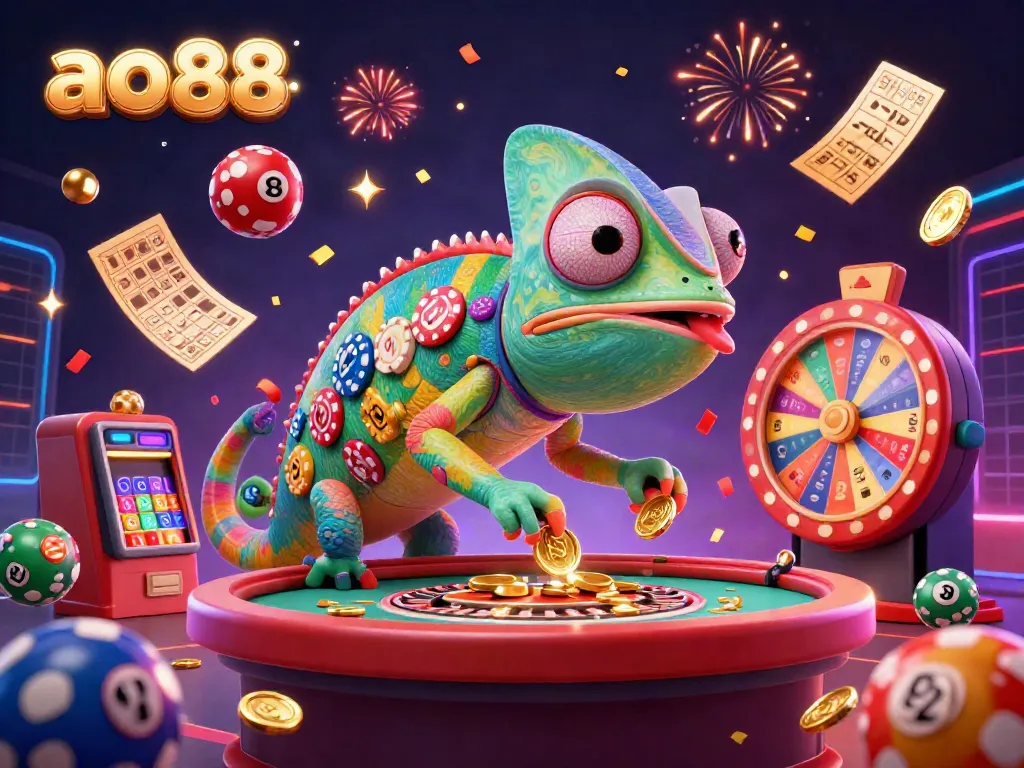 Experience the thrill of winning at ao88 with a vibrant casino scene featuring dynamic game elements and a lively chameleon owner.