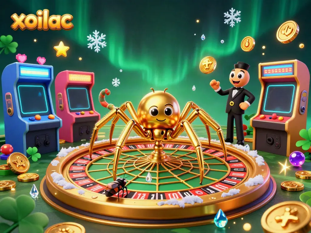 Xoilac casino scene with a golden spider, a fly placing bets, and dynamic game elements.