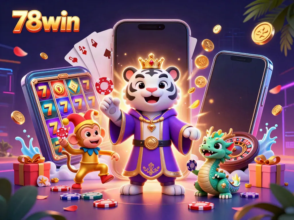 Experience the excitement of 78win with a colorful casino-themed digital illustration featuring slots and a dynamic trio of characters.