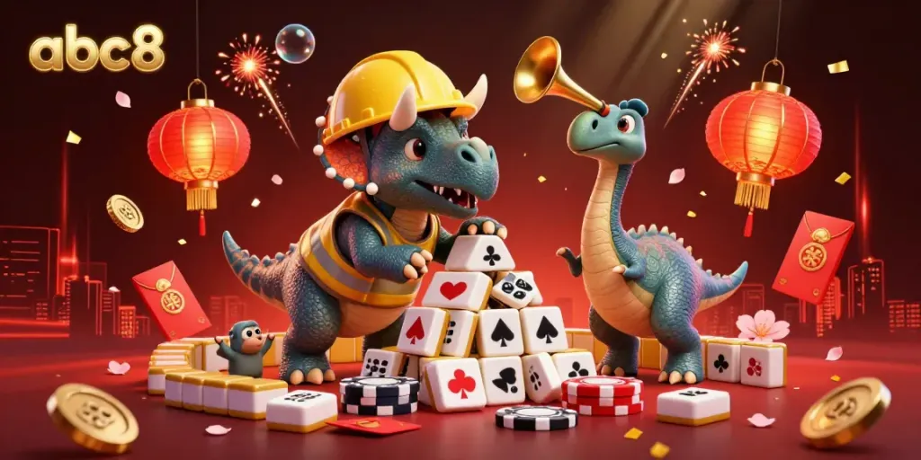 abc8's vibrant casino scene with a triceratops building poker chips, celebrating with fireworks and lanterns.