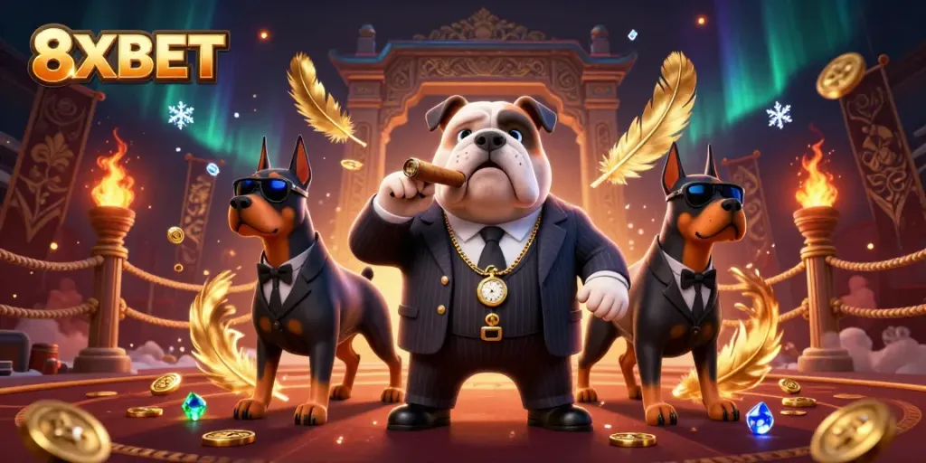 Experience thrilling gaming adventures at 8XBET with an exciting 3D scene featuring dynamic characters and rich casino elements.