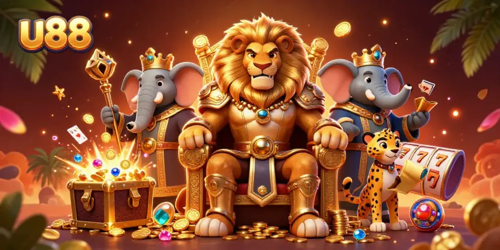 Engage with u88's thrilling slots and jackpots in a vibrant 3D casino fantasy scene.