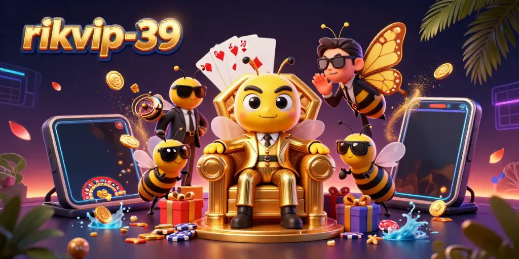 Experience the excitement of rikvip-39 with a dynamic scene filled with vibrant casino elements and characters.