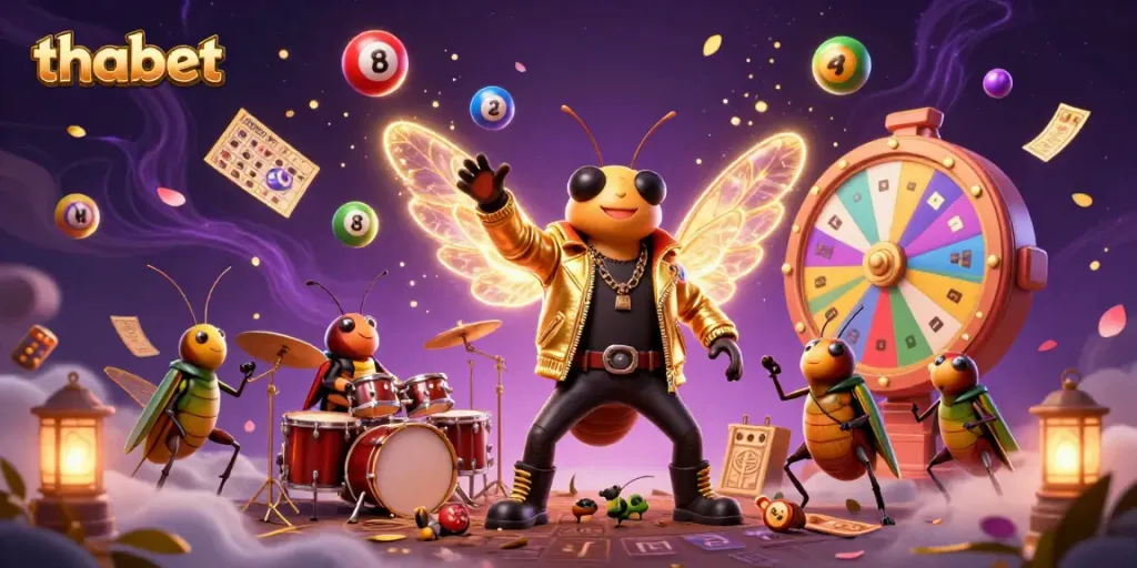 Watch the vibrant thabet casino scene with a rock star cicada and animated game elements.
