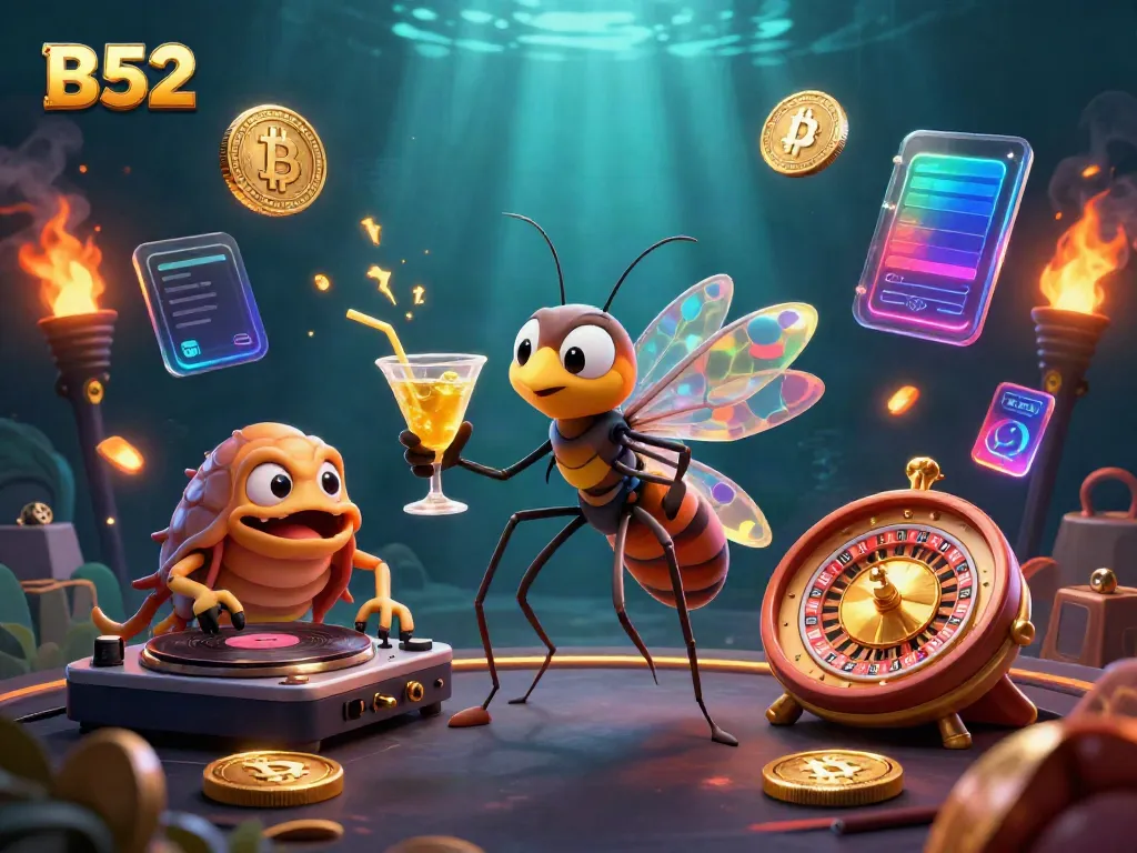 Spin to win with B52: animated casino mascot and trilobite DJ set amidst vibrant gambling elements.