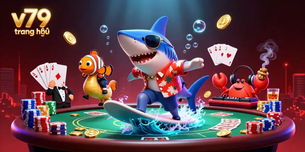 Engage with thrilling casino action at v79 trang chủ featuring a shark surfing gold coins amidst colorful poker elements.