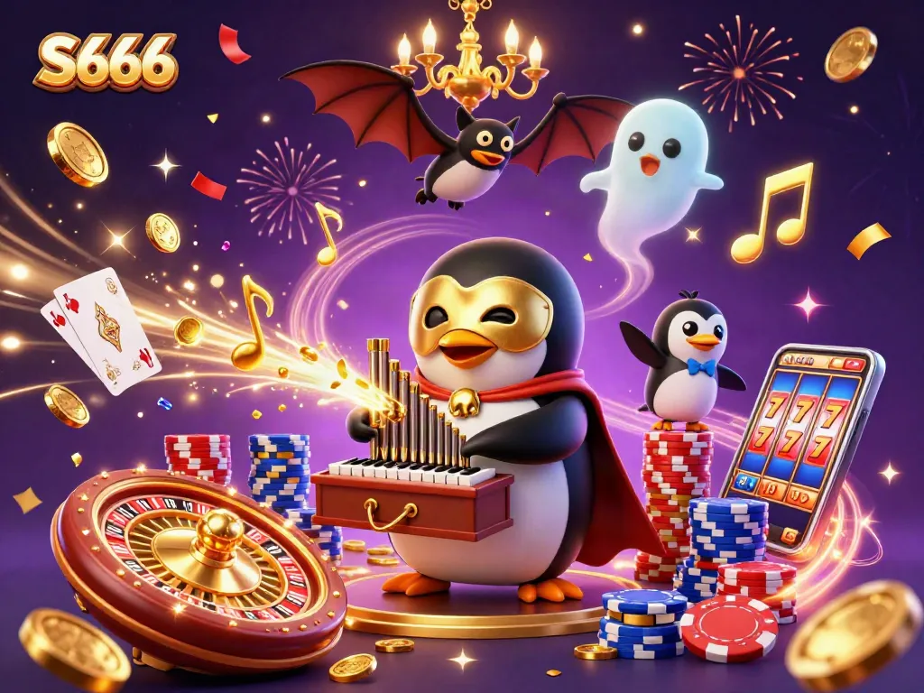 S666 casino illustration with a phantom opera penguin and golden coins flying during a vibrant gaming celebration.