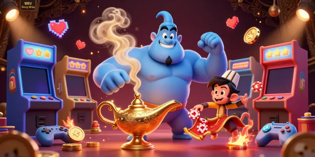 Engage with the vibrant 188V Đăng Nhập scene showcasing a genie, monkey, and magical elements among casino games.