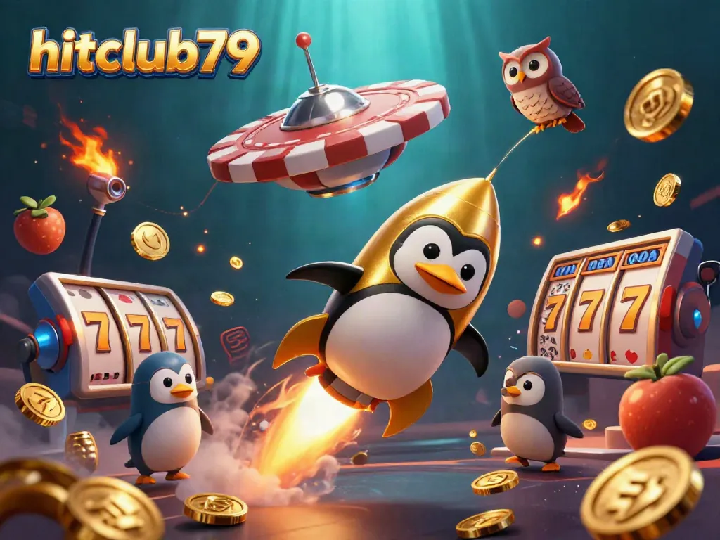Experience the excitement of hitclub79 with a vibrant casino-themed 3D illustration featuring a golden penguin and casino elements.