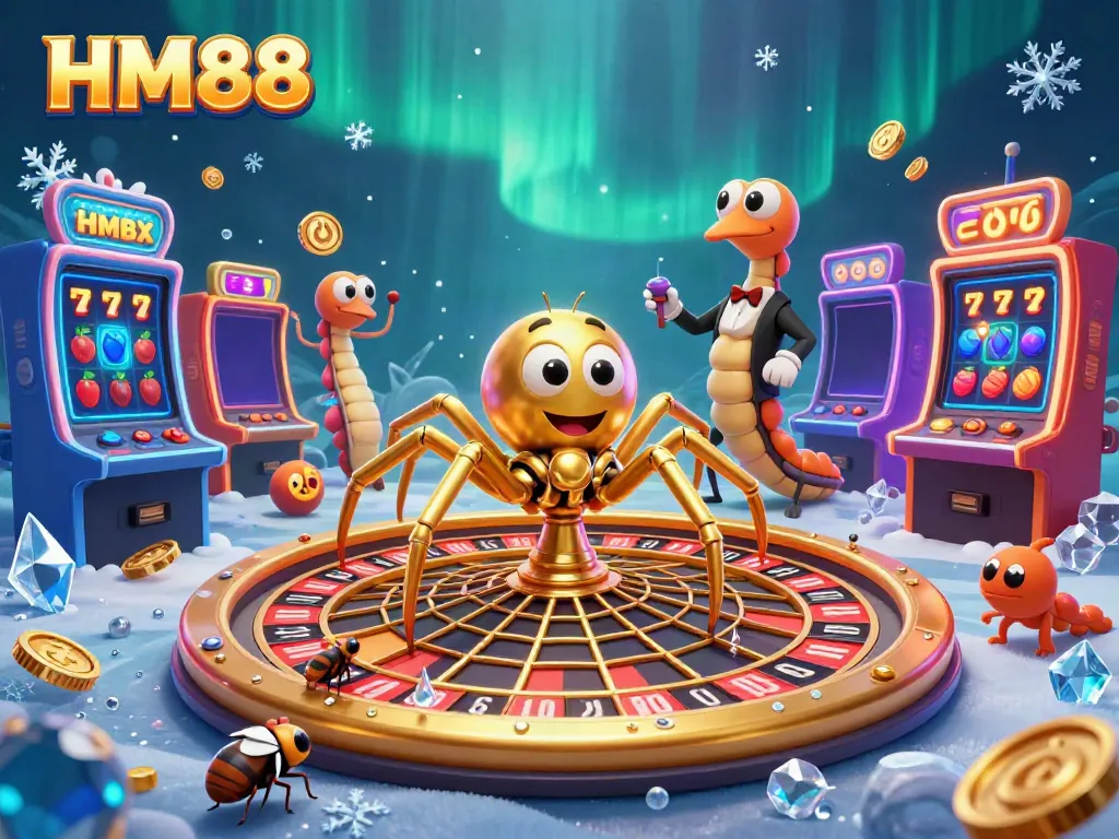 Experience the thrill of HM88 casino with a golden spider and croupier in a vibrant scene.