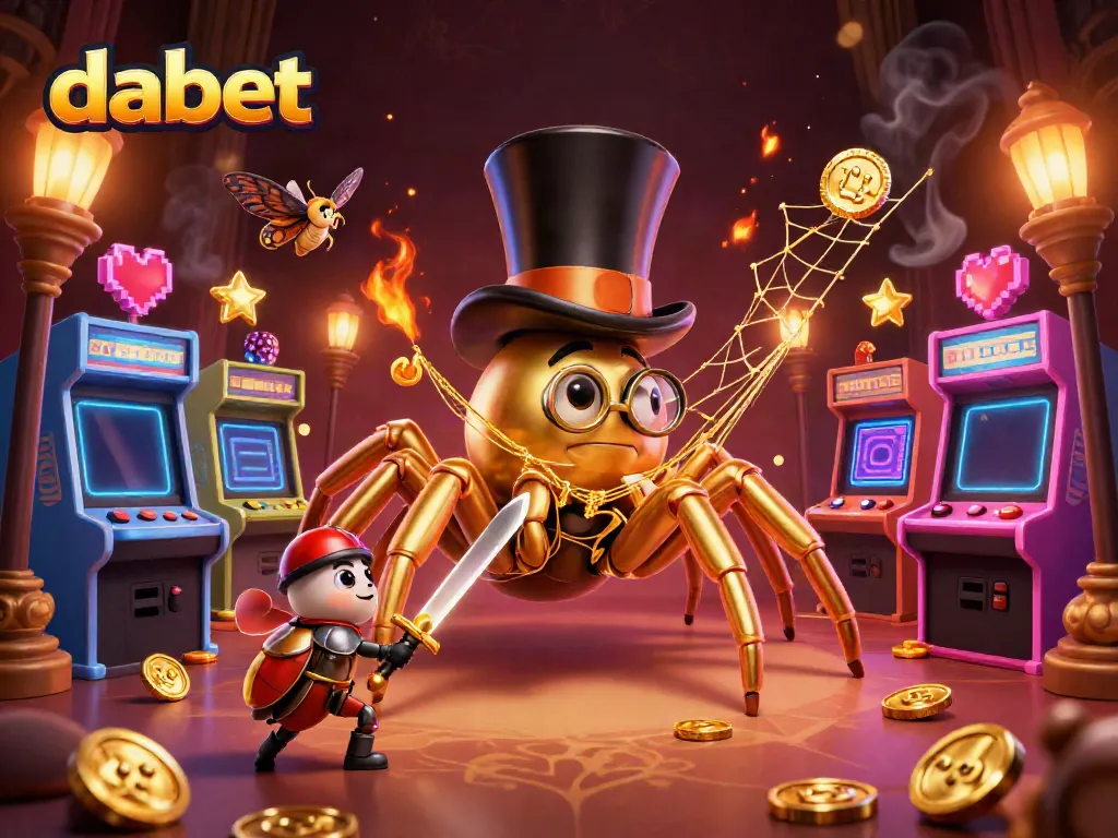 Dabet showcases a dynamic cartoon scene with a golden tarantula and a beetle knight in a vibrant casino setting.