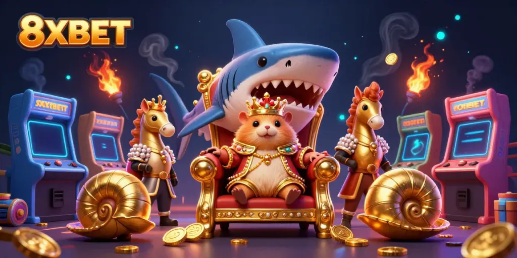 Experience thrilling gaming adventures with 8XBET's vibrant cartoon scene featuring a golden hamster king.