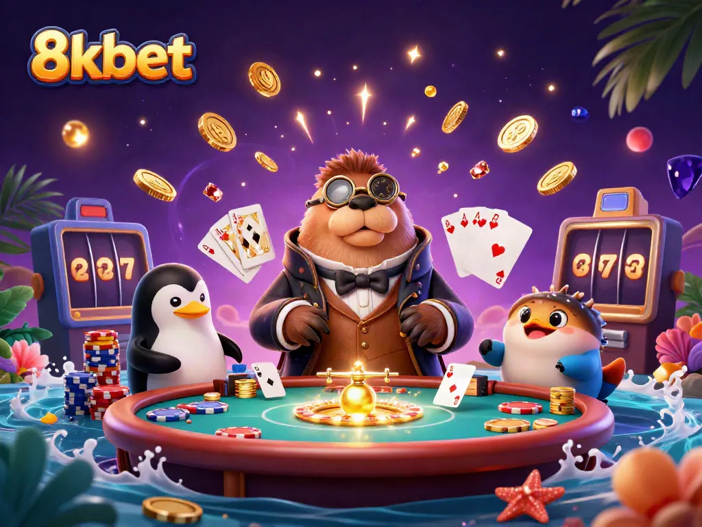 Experience the thrill of 8kbet with a jolly walrus playing poker in an underwater casino scene.