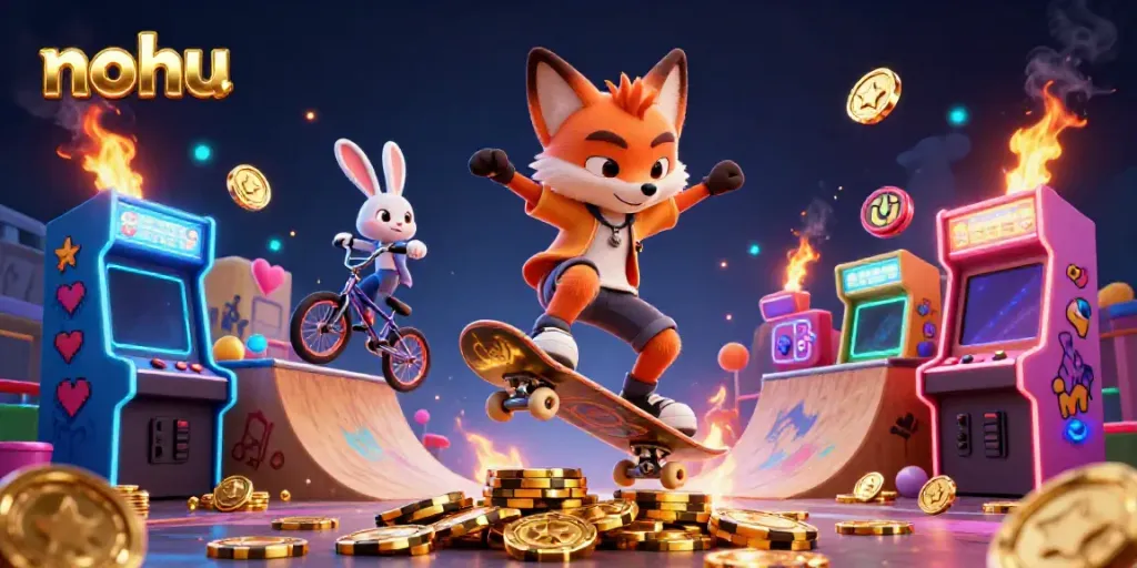 Skateboarder fox and BMX rabbit showcase nohu-themed casino fun with vibrant arcade game elements.