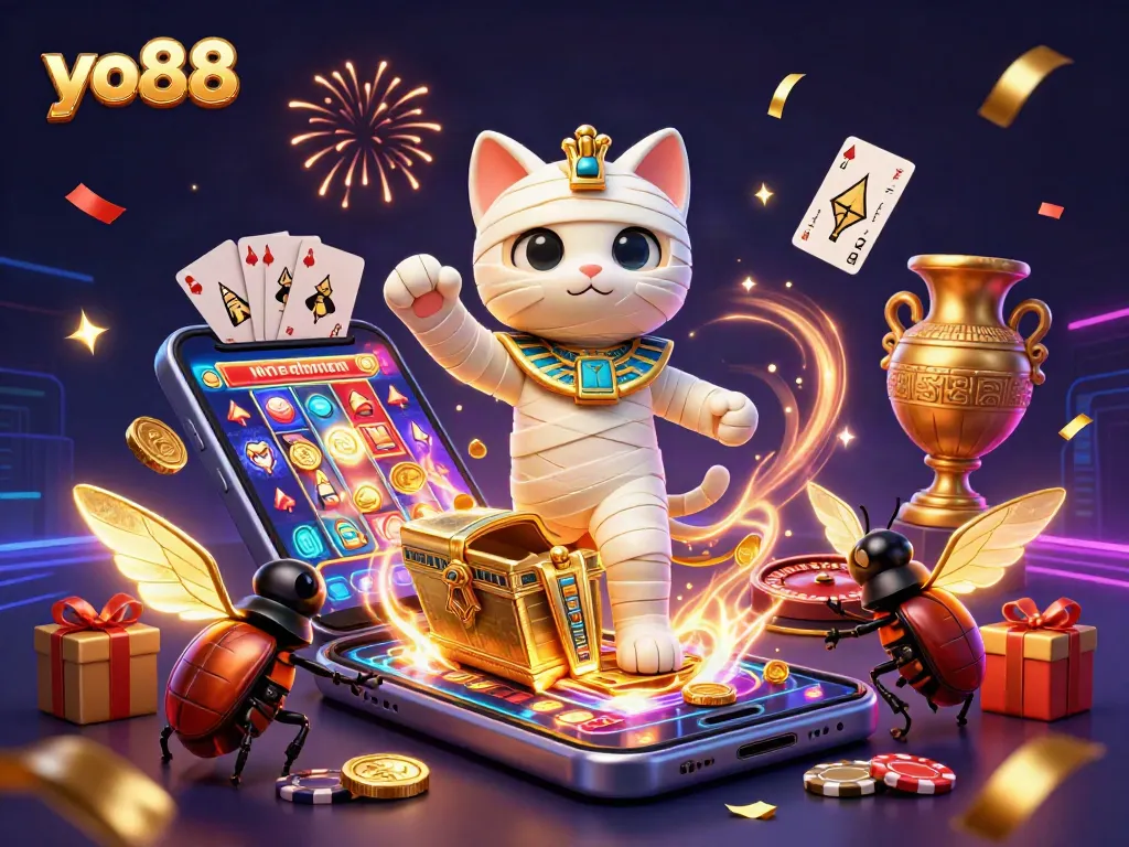 Players enjoy the vibrant yo88 gaming atmosphere with a mummy cat and musical slots.